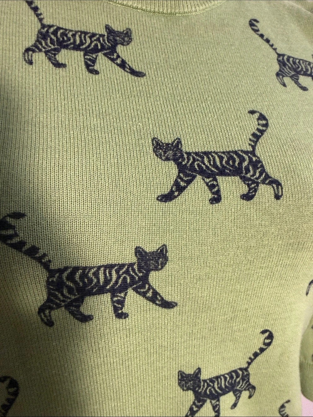 ModCloth Midnight Cat Print Crewneck Pullover Sweater in Green, 3/4 Sleeves - Picture 2 of 3